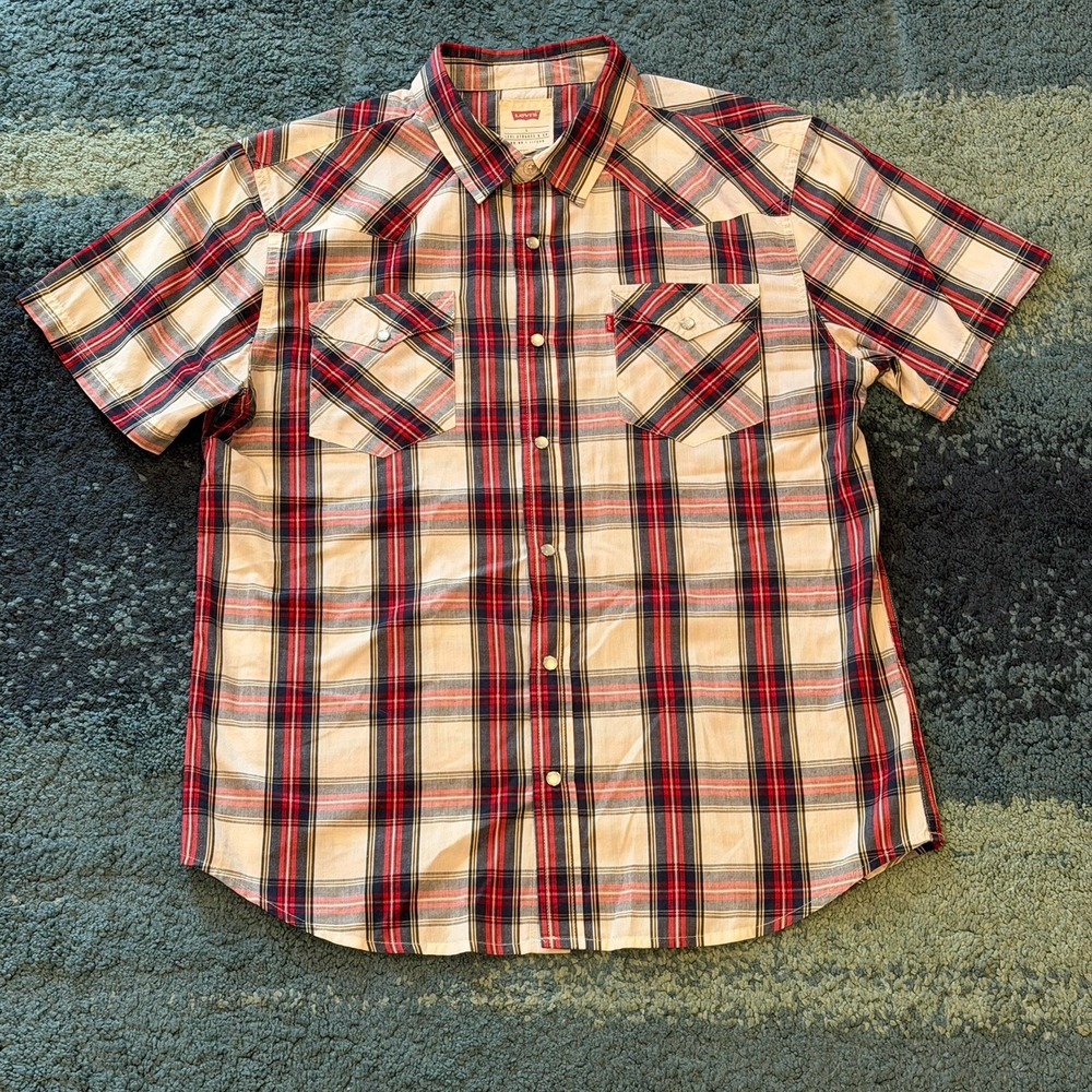 Levis White Red Plaid Double Pocket Short Sleeve Shirt Men's Large Pearl Snap